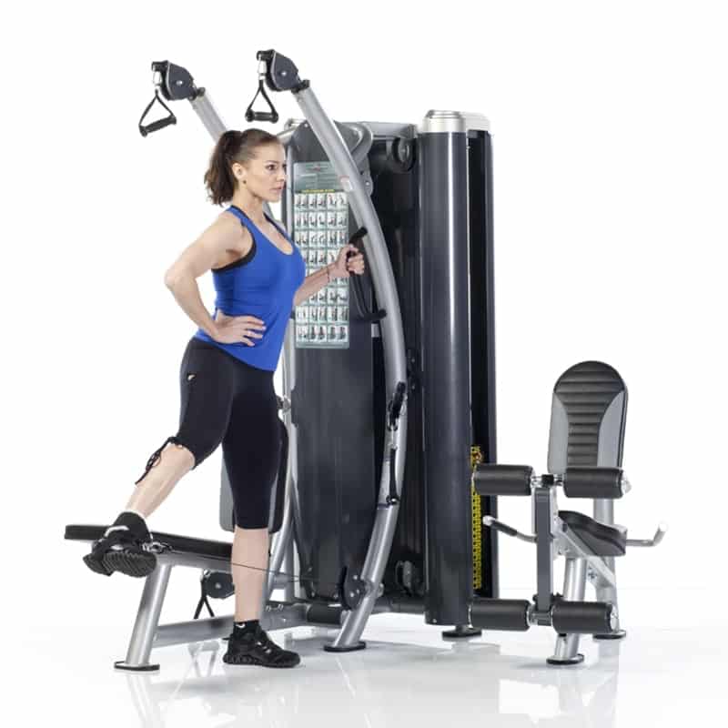 trainer using TuffStuff Dual Stack Functional Trainer (HTX-2000) for hip aduction